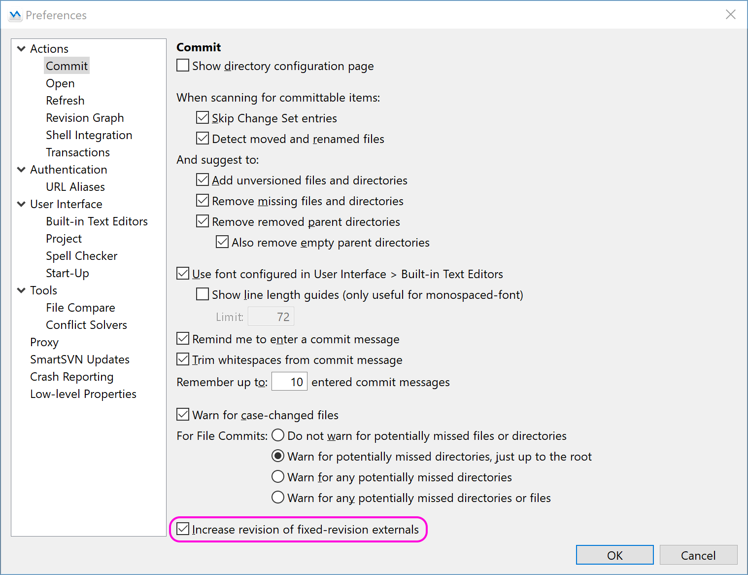 Option to increase external definition revision committing to a fixed-revision external.