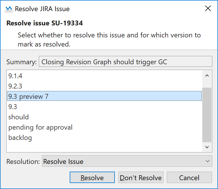 It's possible to select open JIRA issues and mark them as resolved after successful commit.