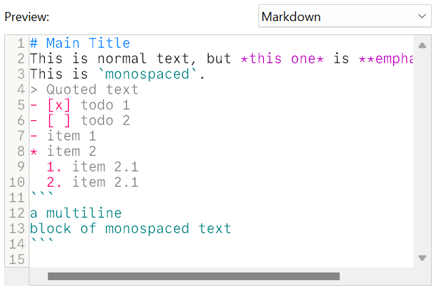 New syntax colorings have been added, e.g. for Markdown